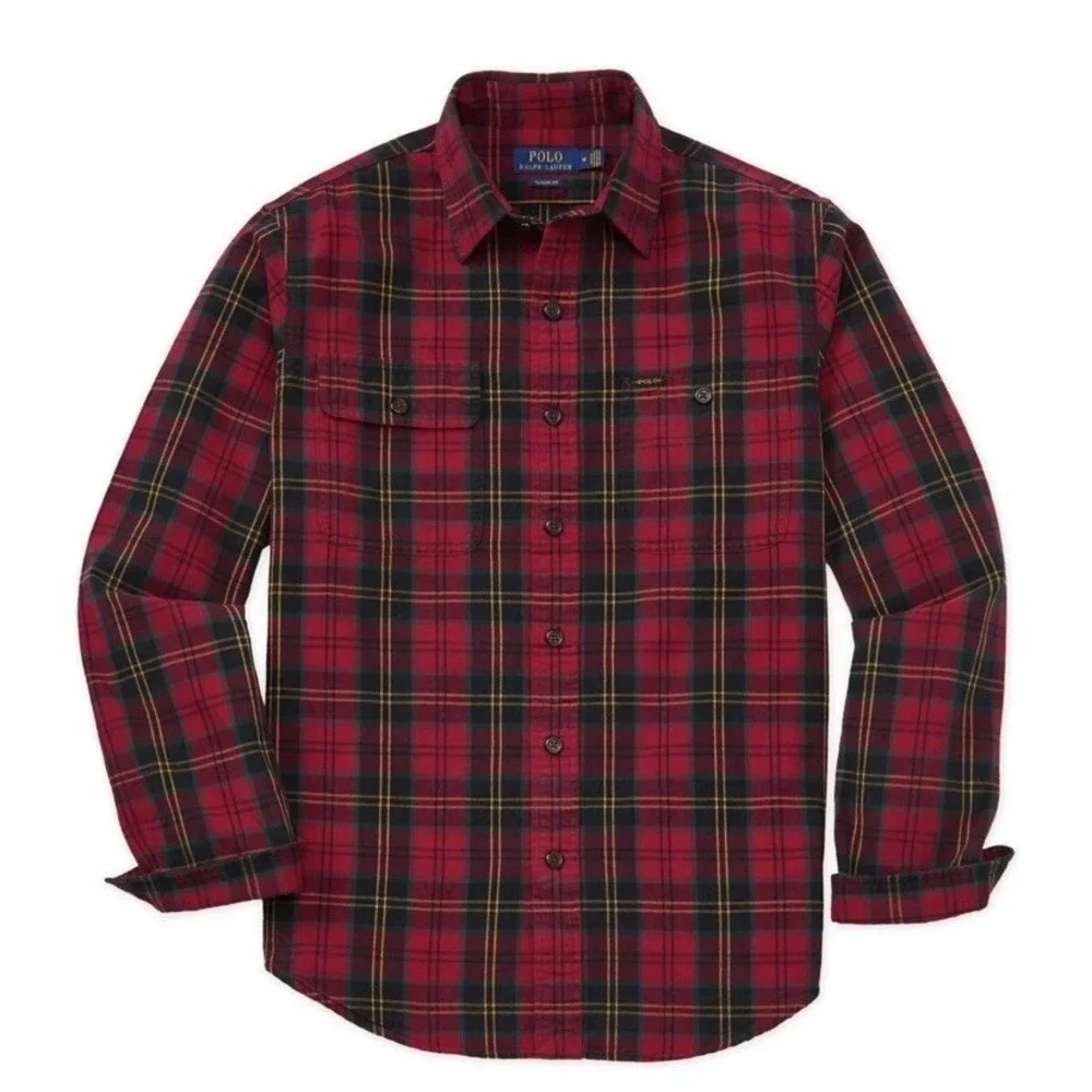 Polo Ralph Lauren Mens Medium Red Black Tartan Oxford Sport Shirt Cotton Pocket